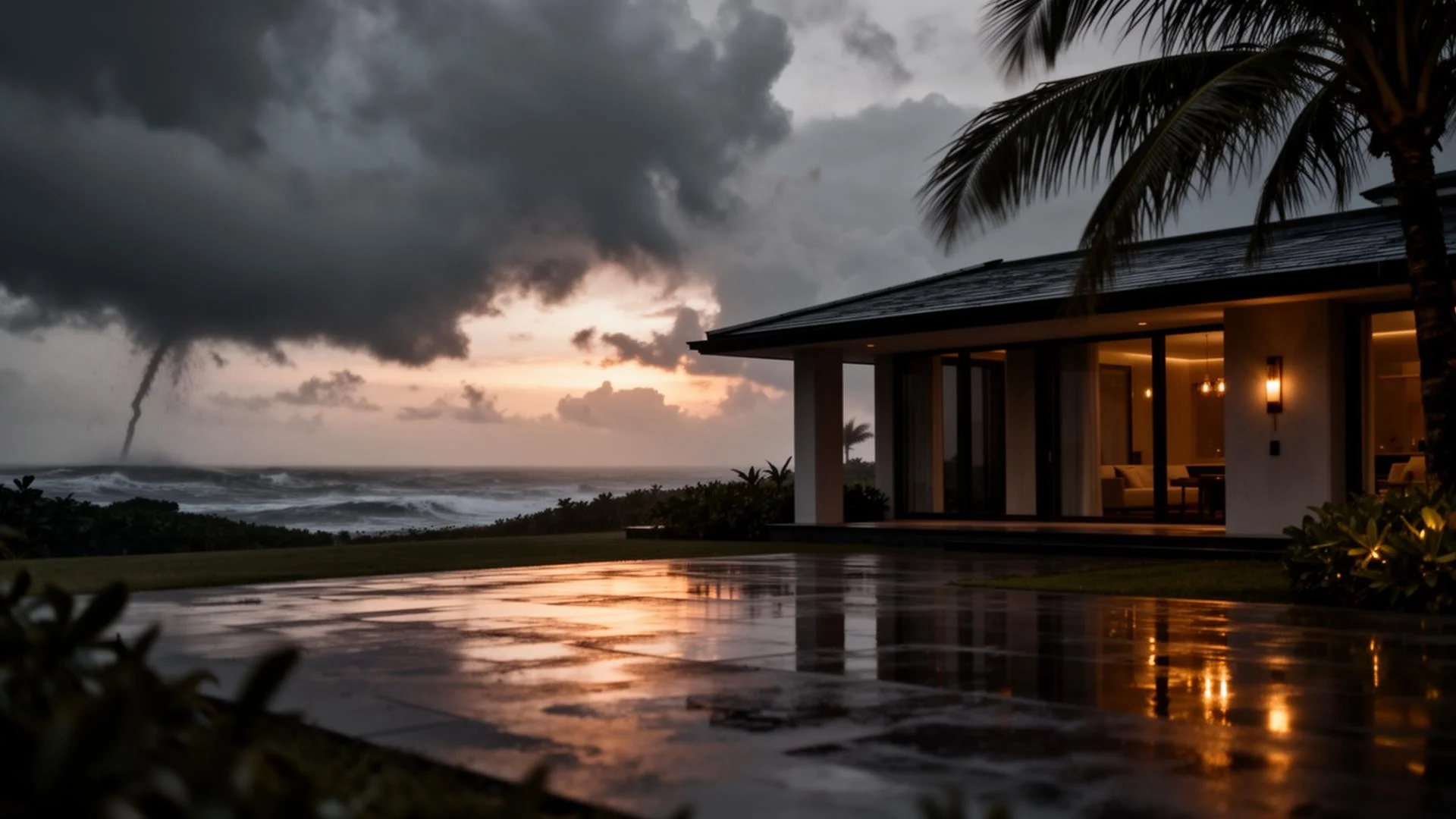 Coastal home at dusk after a passing storm