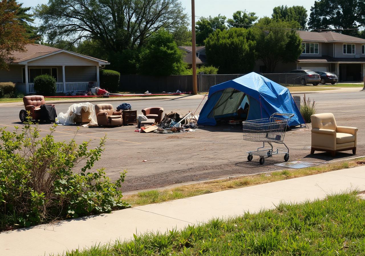 An unmonitored vacant lot with an encampment and dumped debris