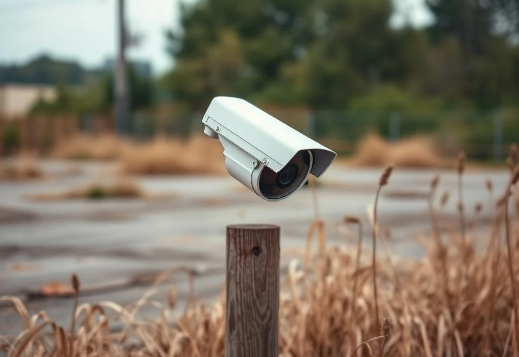 Outdoor surveillance camera overlooking a vacant lot