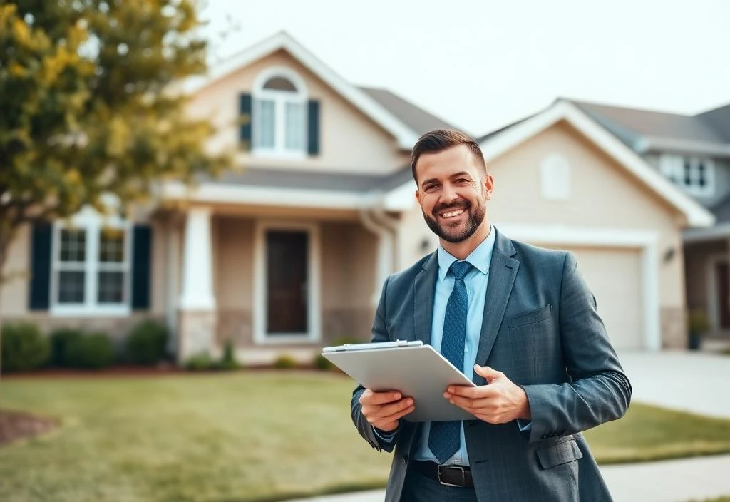 Property manager with clipboard in front of a suburban home