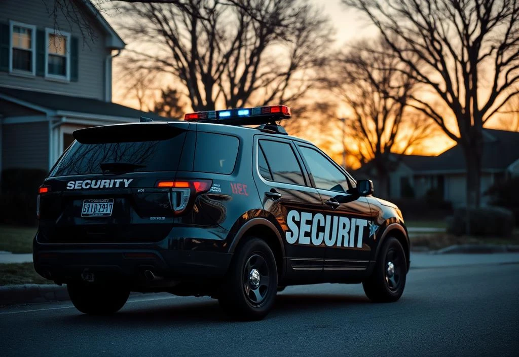 Black security patrol SUV parked in a suburban neighborhood at dusk